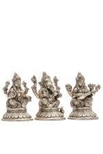 Brass Silver Coated Ganesh Laxmi Saraswati Idols - Detailed Carving - 4 Inch - Image 24