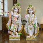 Hand Carved Marble Radha Krishna Idol with Gold Work 3 feets