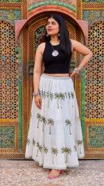 Hand Block Printed Tropical Palm Malmal Cotton Skirt - Image 2