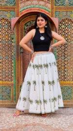 Hand Block Printed Tropical Palm Malmal Cotton Skirt - Image 4