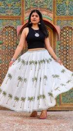 Hand Block Printed Tropical Palm Malmal Cotton Skirt - Image 5