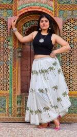 Hand Block Printed Tropical Palm Malmal Cotton Skirt - Image 7