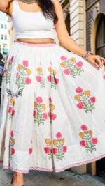 Hand Block Printed Floral Malmal Cotton Skirt - Image 6