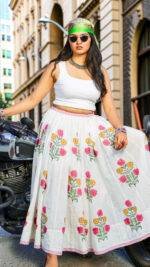 Hand Block Printed Floral Malmal Cotton Skirt - Image 3