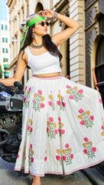 Hand Block Printed Floral Malmal Cotton Skirt