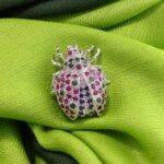 Handcrafted 92.5 Sterling Silver Beetle Brooch with Emerald, Ruby, and Blue Sapphire Pavé - Image 4