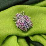 Handcrafted 92.5 Sterling Silver Beetle Brooch with Emerald, Ruby, and Blue Sapphire Pavé