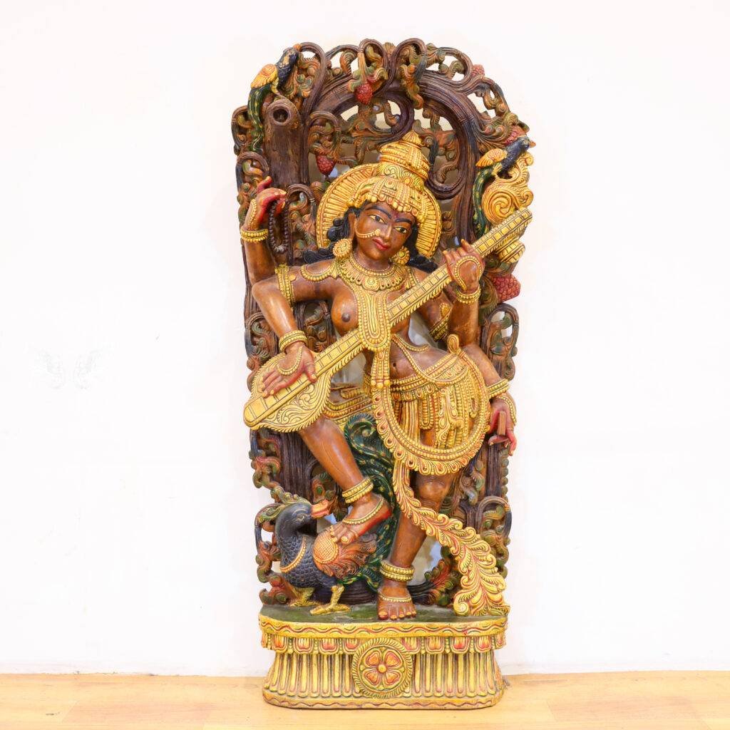 Wooden Saraswati Wall Panel
