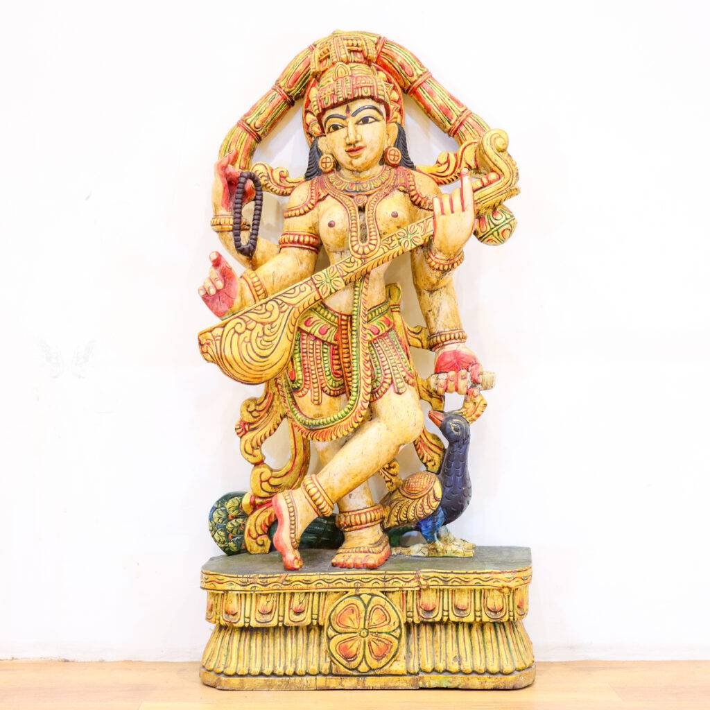 Wooden Goddess Saraswati Statue