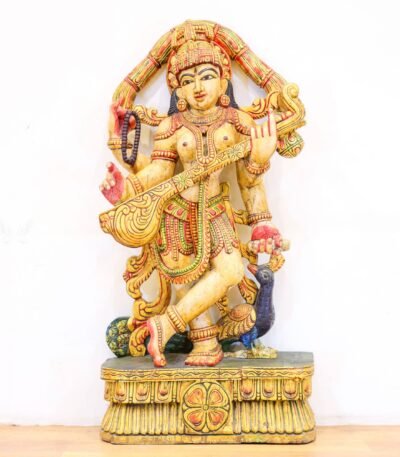 Wooden Goddess Saraswati Statue