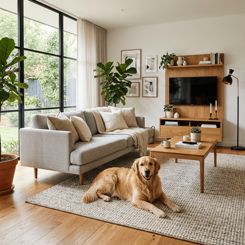 Golden retriever lying on a rug in a living room with gray sofa, wooden coffee table, TV, and large window with plants