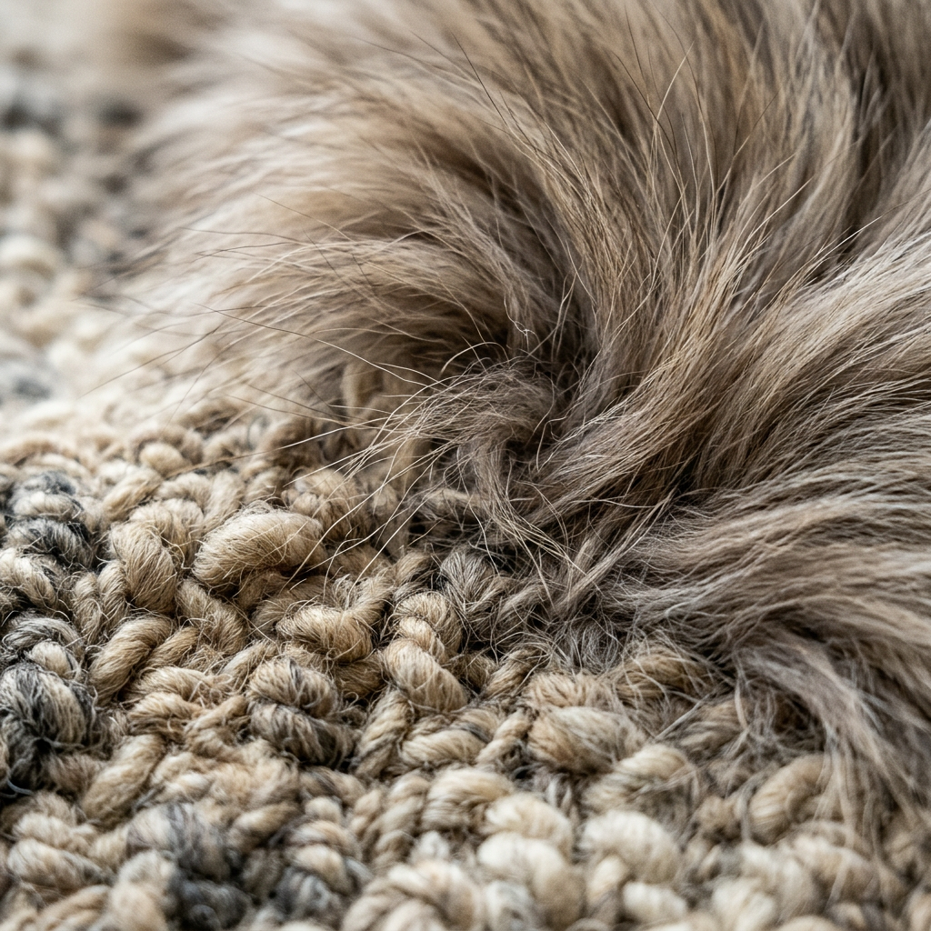 Soft brown fur lying on beige and gray textured woven fabric