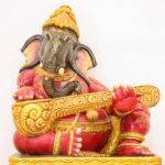 Luxury Handcrafted Wooden Ganesha Statue (2 Feet) – Ganesh Playing Veena in Red & Gold Finish - Image 2