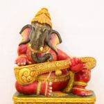 Luxury Handcrafted Wooden Ganesha Statue (2 Feet) – Ganesh Playing Veena in Red & Gold Finish - Image 5