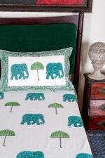 Premium 100% Pure Cotton Handblock Printed Bedsheet with 2 Pillow Covers | Royal Elephant & Umbrella Motif (90x108 / 108x108) - Image 3