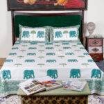 Premium 100% Pure Cotton Handblock Printed Bedsheet with 2 Pillow Covers | Royal Elephant & Umbrella Motif (90x108 / 108x108)