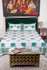 Premium 100% Pure Cotton Handblock Printed Bedsheet with 2 Pillow Covers | Royal Elephant & Umbrella Motif (90x108 / 108x108)