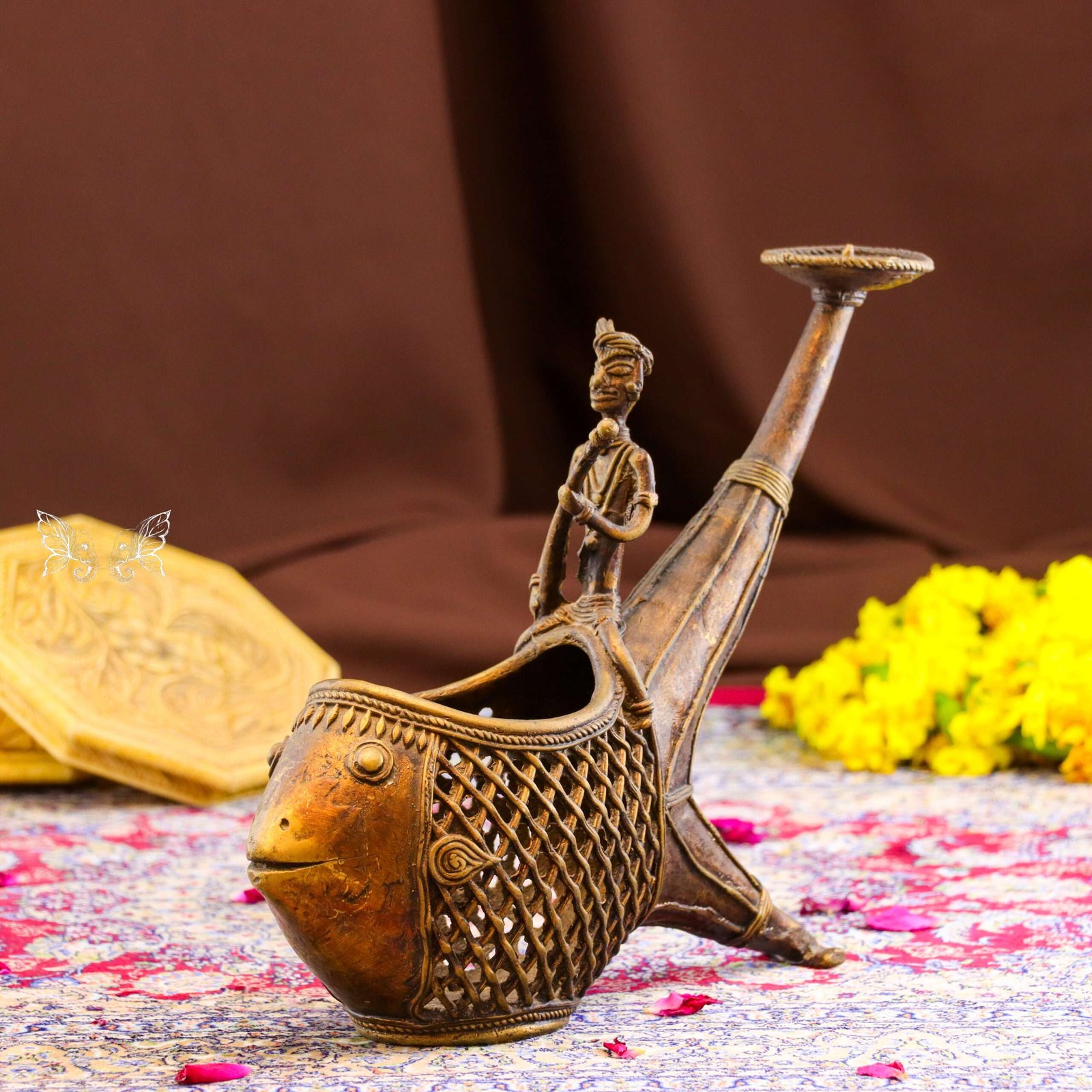 Handmade Brass Dhokra Tribal Fish Candle Stand | Traditional Indian Folk Art Decorative Showpiece