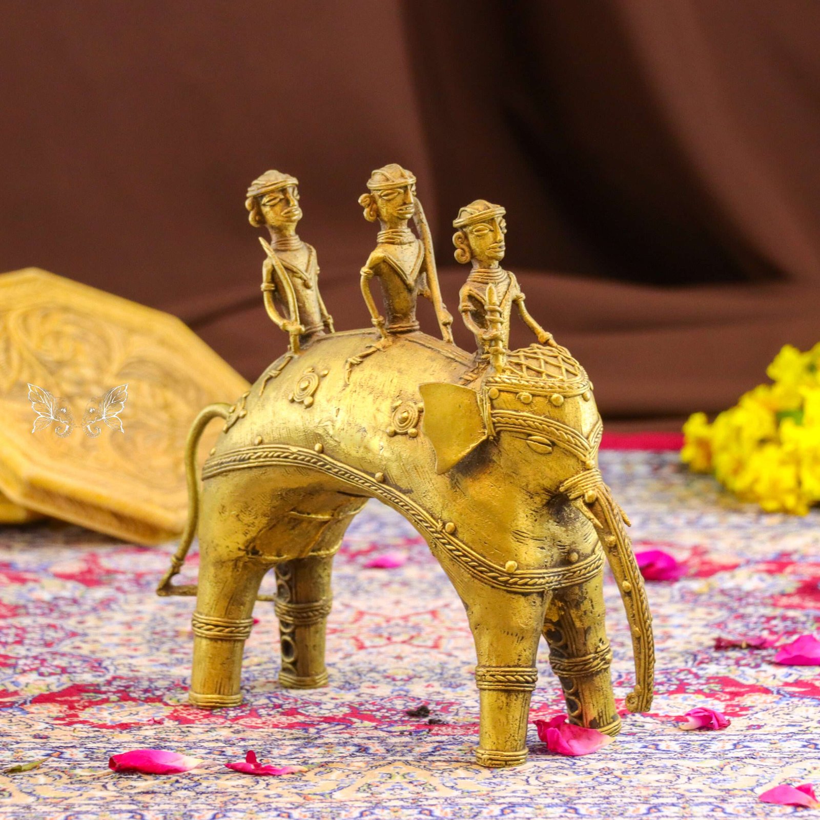 Handmade Brass Dhokra Tribal Elephant with Tribal Men | Traditional Indian Folk Art Sculpture