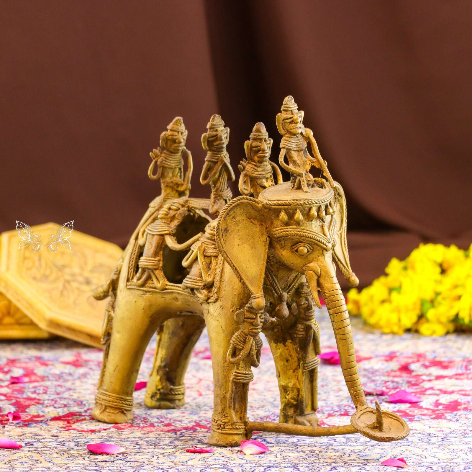 Handcrafted Dhokra Brass Tribal Village Elephant  With Tribal Men  – Lost Wax Indian Art Technique