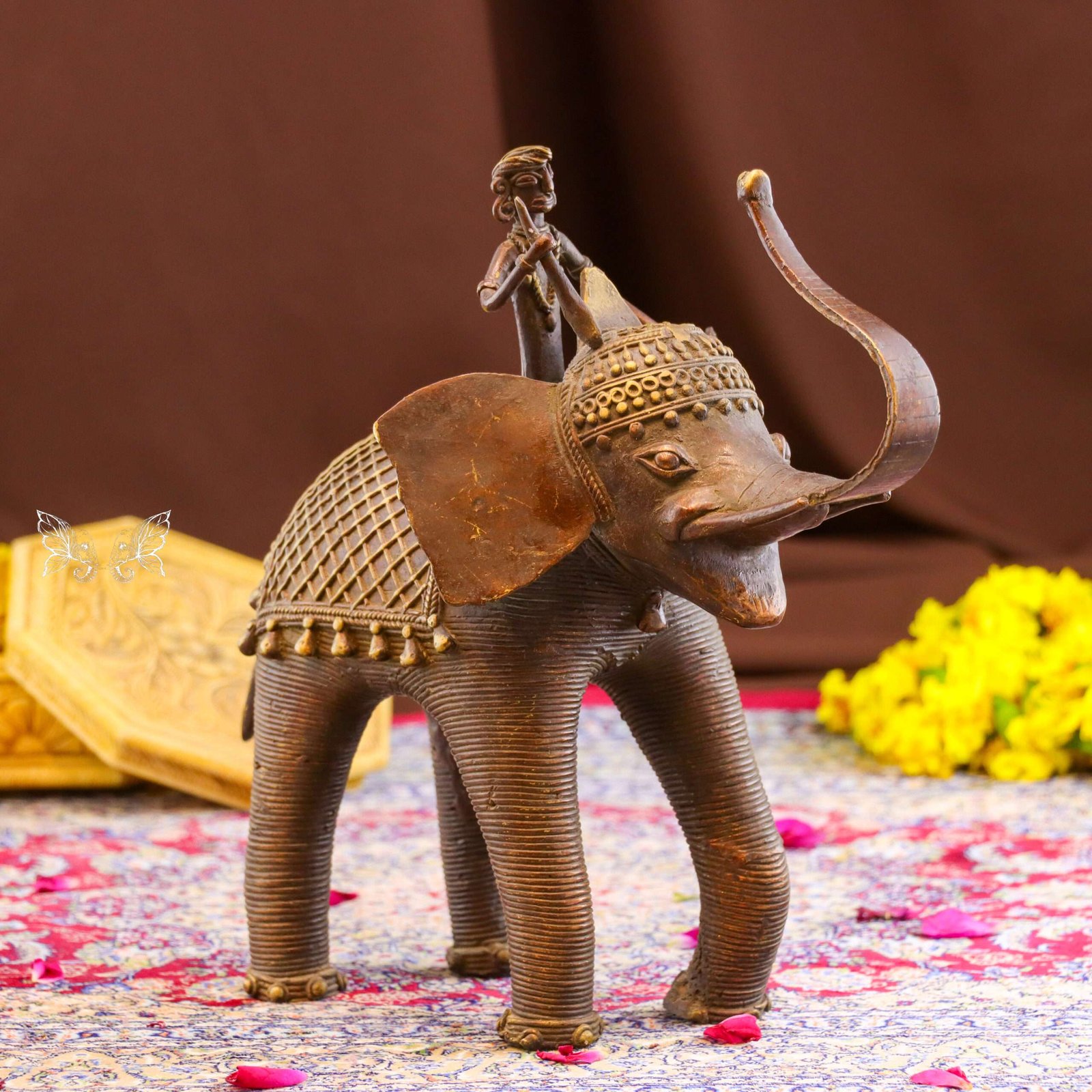 Handcrafted Dhokra Brass Tribal Elephant With Tribal Man– Lost Wax Indian Art 5inches