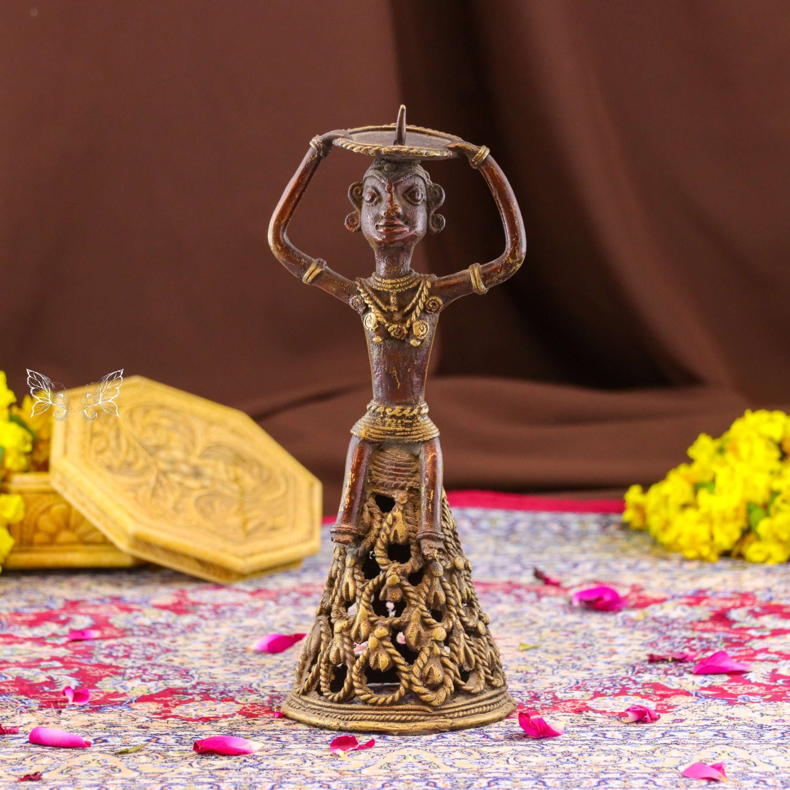Bastar Art Tribal Brass Lady Candle Holder, Traditional Dhokra Art Figurine Stand, Antique Finish