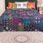 Handcrafted Patchwork Kantha Bed Cover – Pure Cotton Hand Block Printed Quilt, Ethnic Bohemian King Size Bedspread - Image 2