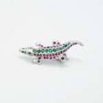Handcrafted 92.5 Sterling Silver Crocodile Brooch with Ruby, Emerald, and Sapphire Pavé - Image 4