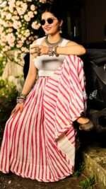 8 Meter Flare Hand Block Printed Pure Malmal Jaipuri Cotton Skirt – Reddish Pink & White - Image 4